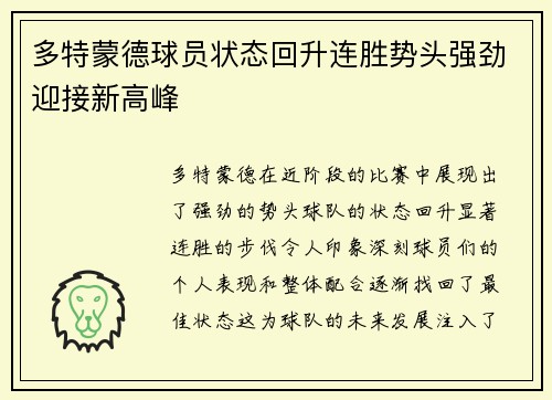 多特蒙德球员状态回升连胜势头强劲迎接新高峰