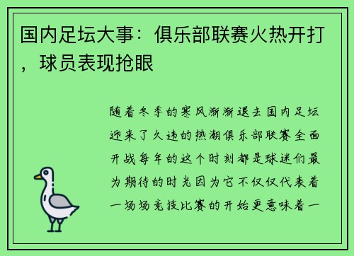 国内足坛大事：俱乐部联赛火热开打，球员表现抢眼