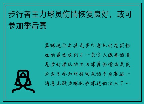 步行者主力球员伤情恢复良好，或可参加季后赛