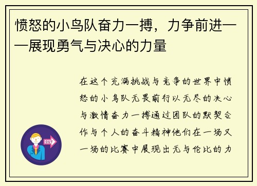 愤怒的小鸟队奋力一搏，力争前进——展现勇气与决心的力量