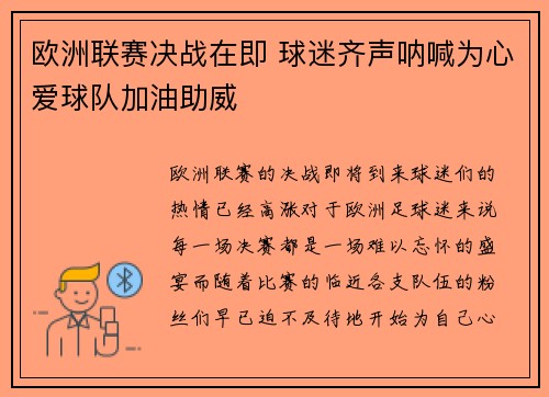 欧洲联赛决战在即 球迷齐声呐喊为心爱球队加油助威