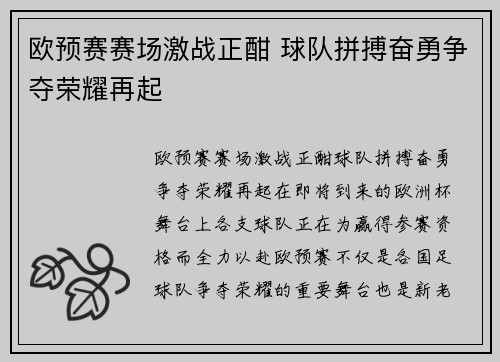 欧预赛赛场激战正酣 球队拼搏奋勇争夺荣耀再起