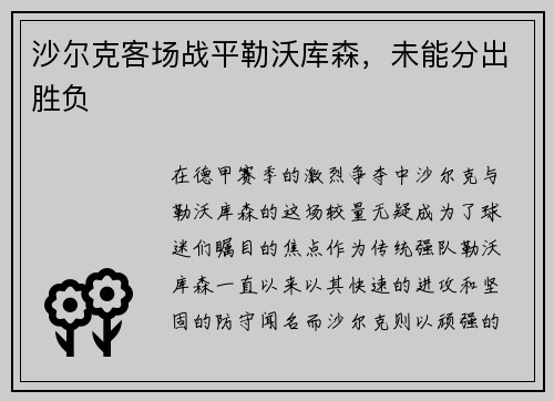 沙尔克客场战平勒沃库森，未能分出胜负