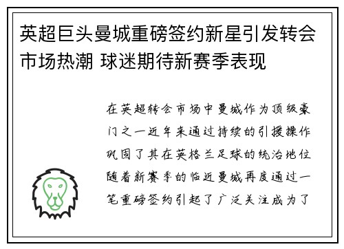 英超巨头曼城重磅签约新星引发转会市场热潮 球迷期待新赛季表现